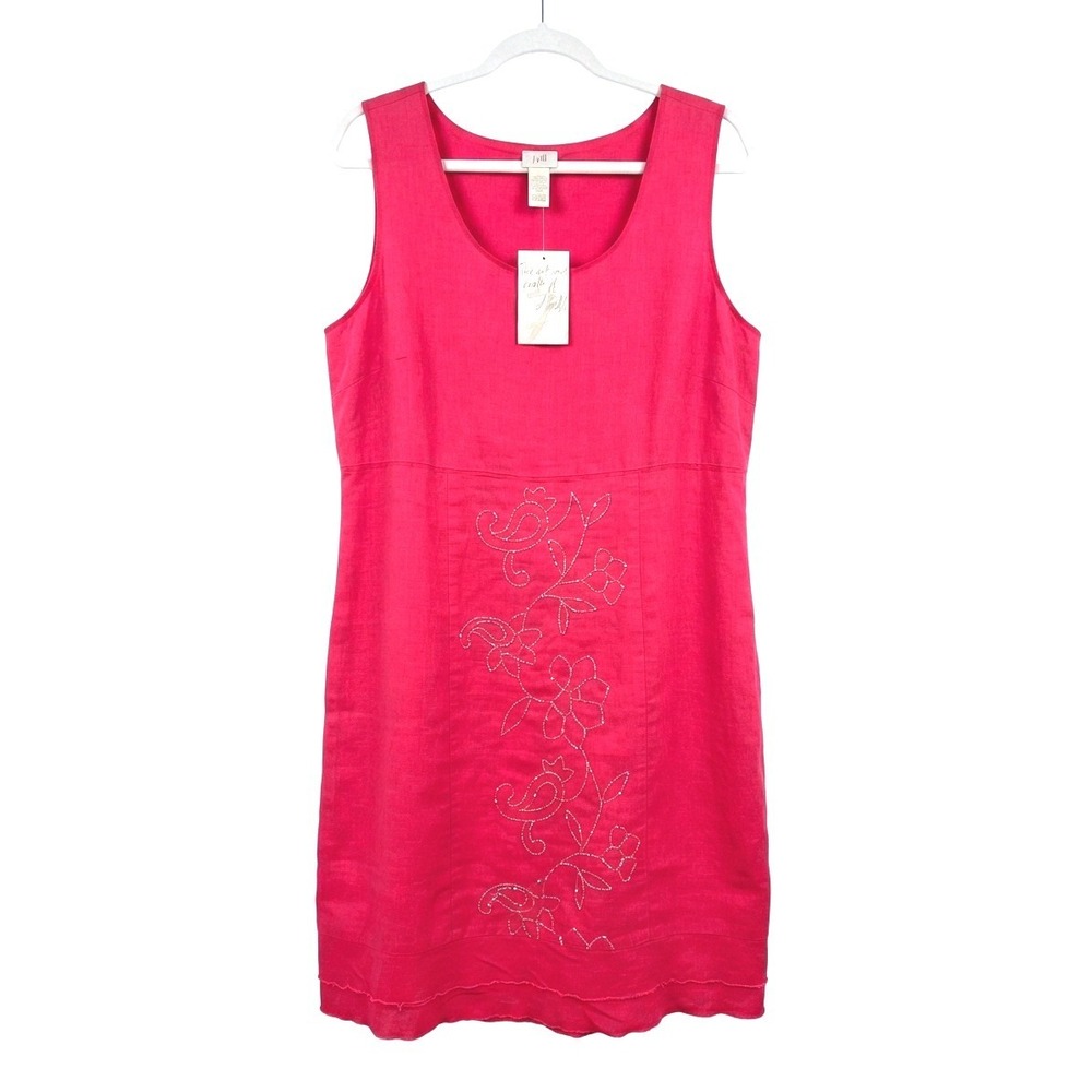 J. Jill Hibiscus Pink Linen Boho Embroidered Sequin Minimalist Dress NWT 18T
